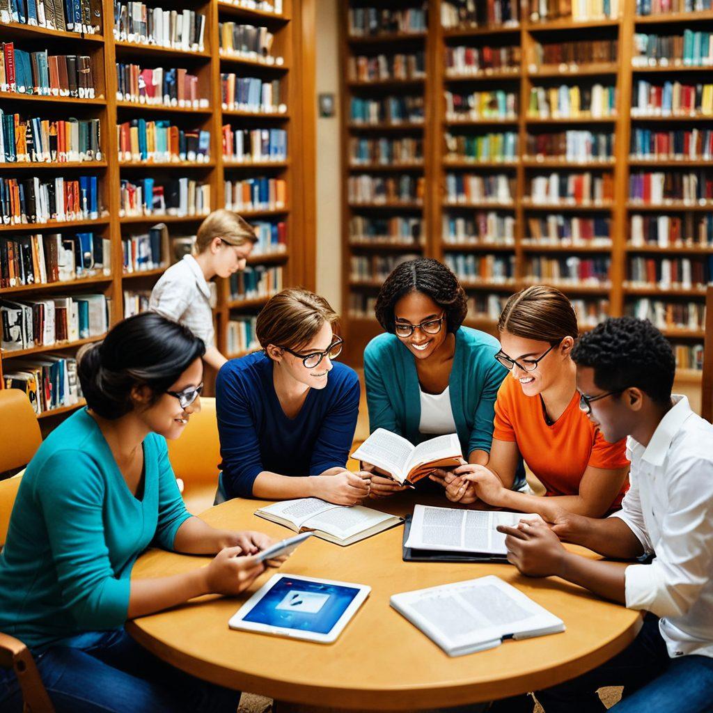 A visually engaging scene depicting diverse readers of different ages and backgrounds seated in a cozy library, engrossed in informative articles on tablets and print. In the background, thought bubbles show lively discussions and connections forming between them, symbolizing unity. Use warm colors to create an inviting atmosphere that exudes curiosity and interaction. super-realistic. vibrant colors.