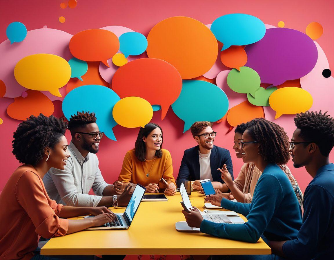 A vibrant digital landscape featuring diverse individuals engaged in dynamic conversations, with speech bubbles blending into collaborative projects and community symbols. The backdrop showcases a network of interconnected online platforms, emphasizing unity and interaction. Bright colors and modern design elements add a lively touch, encapsulating the essence of transformation and collaboration. super-realistic. vibrant colors. 3D.