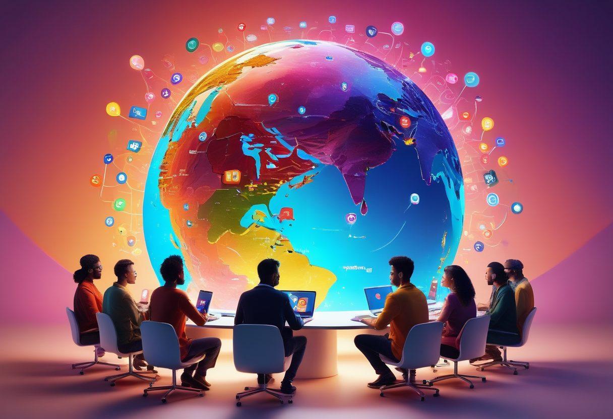 A vibrant digital landscape showcasing a diverse group of people from different backgrounds engaging in lively discussions around a glowing globe symbolizing unity. The scene highlights various digital devices like laptops and smartphones, illuminating faces filled with curiosity and joy. Overhead, colorful speech bubbles filled with symbols of cooperation and creativity float, representing engaging content. The background features interconnected nodes symbolizing a thriving online community. bright and colorful. 3D.